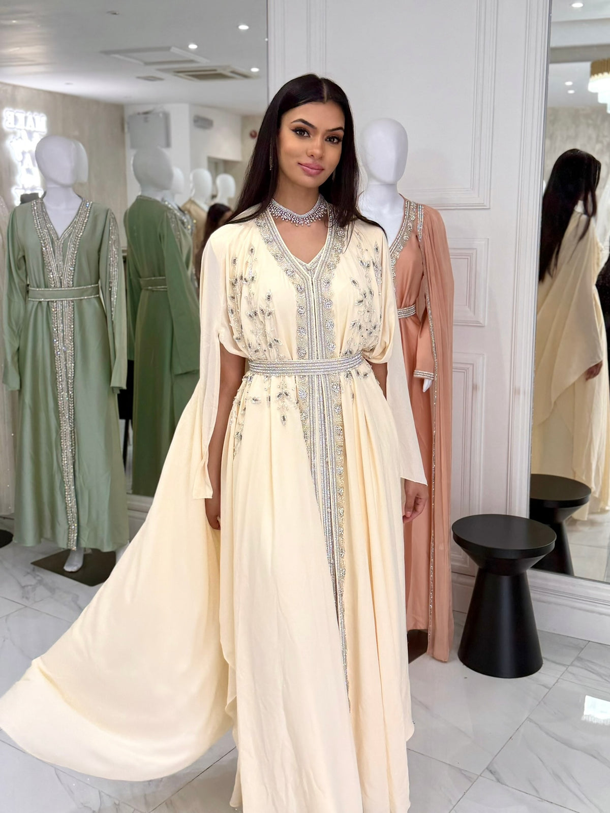 cream kaftan dress Al-Hira Luxury – Bayaan Boutique Color:Maroon Stripe 50% Cotton Sequinedit Catherine A-line Satin Mother